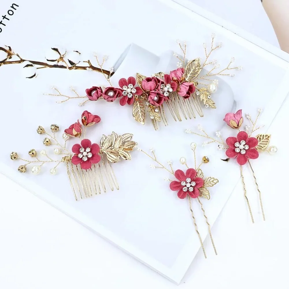 18 Pieces Bridal Wedding Party Prom Pearl Rhinestone Rose Red Flower Hair Side C